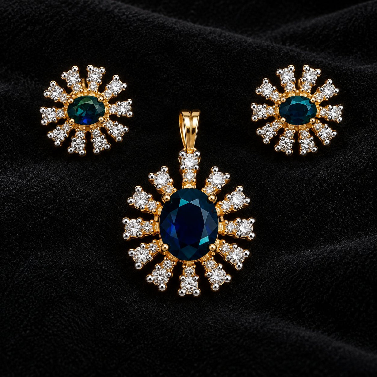 Nila Starburst pendant and earring set on black velvet